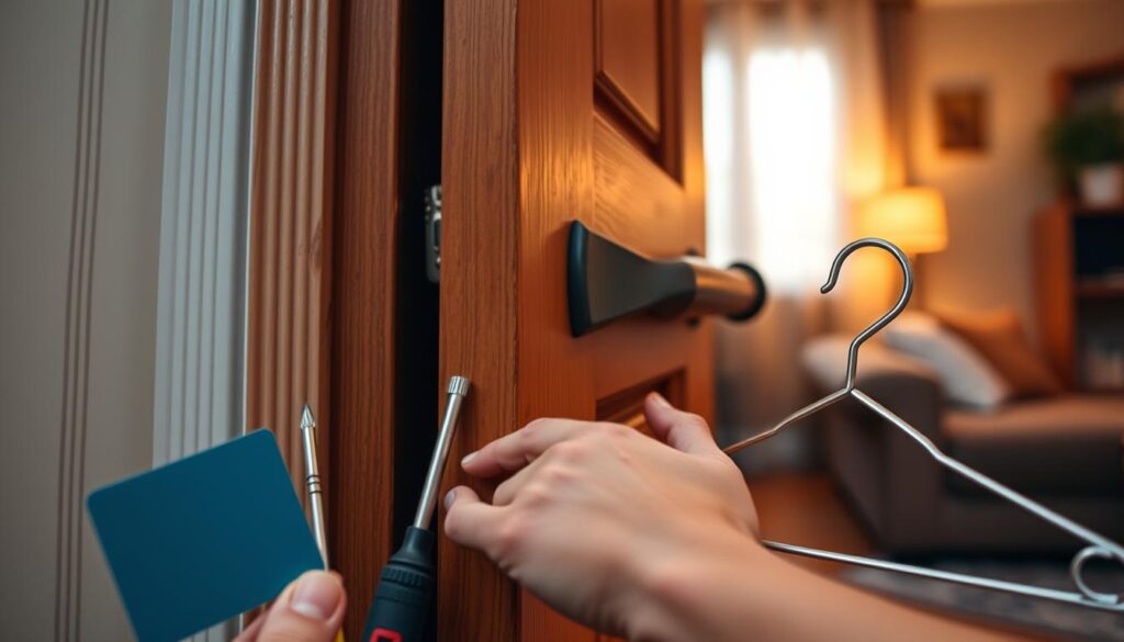 A close-up view of a wooden door partially ajar, showcasing various household items used to open it without a handle. The foreground features a credit card, a screwdriver, and a coat hanger, each positioned thoughtfully to highlight their potential as tools. In the middle ground, there is a user’s hand demonstrating the use of the credit card on the edge of the door, showing a focused action. The background is softly blurred, depicting a cozy, slightly dimly lit living room, with warm light filtering through a nearby window. The mood is practical and inventive, conveying a sense of resourcefulness. The angle is slightly tilted from above, providing a clear perspective of the door and tools in action, emphasizing the DIY aspect without any text or distractions. A close-up view of a wooden door partially ajar, showcasing various household items used to open it without a handle. The foreground features a credit card, a screwdriver, and a coat hanger, each positioned thoughtfully to highlight their potential as tools. In the middle ground, there is a user’s hand demonstrating the use of the credit card on the edge of the door, showing a focused action. The background is softly blurred, depicting a cozy, slightly dimly lit living room, with warm light filtering through a nearby window. The mood is practical and inventive, conveying a sense of resourcefulness. The angle is slightly tilted from above, providing a clear perspective of the door and tools in action, emphasizing the DIY aspect without any text or distractions.