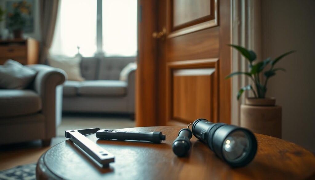 A close-up view of a wooden door slightly ajar, showcasing a set of tools for unlocking a jammed door on a small table beside it. In the foreground, the tools include a slim jim, lock pick set, and a flashlight, arranged neatly. The middle layer features the door with a warm, inviting texture, illuminated by soft, natural light coming through a nearby window. The background includes a cozy room setting with a hint of furniture, like a small couch and a plant, enhancing the domestic atmosphere. The overall mood is calm and practical, highlighting a DIY approach to unlocking a door carefully and without damage. The scene is captured from a slightly elevated angle to focus on the tools and door, ensuring a clear view without distractions. A close-up view of a wooden door slightly ajar, showcasing a set of tools for unlocking a jammed door on a small table beside it. In the foreground, the tools include a slim jim, lock pick set, and a flashlight, arranged neatly. The middle layer features the door with a warm, inviting texture, illuminated by soft, natural light coming through a nearby window. The background includes a cozy room setting with a hint of furniture, like a small couch and a plant, enhancing the domestic atmosphere. The overall mood is calm and practical, highlighting a DIY approach to unlocking a door carefully and without damage. The scene is captured from a slightly elevated angle to focus on the tools and door, ensuring a clear view without distractions.