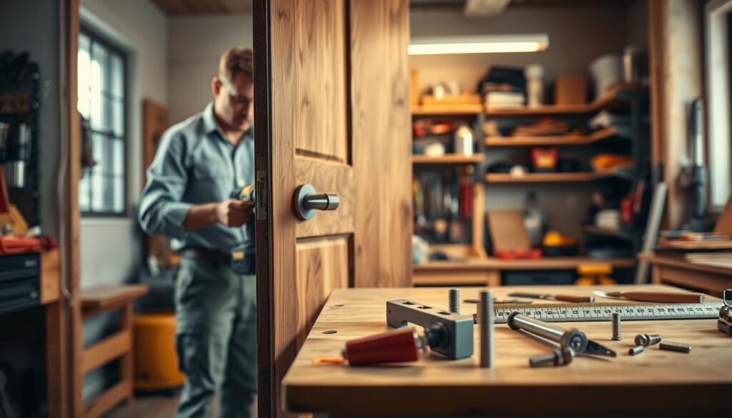 A close-up view of a wooden door with visible misalignment, revealing gaps at the top and bottom. In the foreground, a professional handyman in a collared shirt and work pants is holding a drill and a measuring tape, focused on adjusting the door hinges. The middle ground features tools like a chisel, level, and screws neatly arranged on a workbench. In the background, a warmly lit workshop with shelves full of various tools and a soft glow from overhead lights creates an inviting atmosphere. The lens captures the scene from a slightly elevated angle, emphasizing both the door and the handyman's concentration, highlighting the theme of repair and maintenance. A close-up view of a wooden door with visible misalignment, revealing gaps at the top and bottom. In the foreground, a professional handyman in a collared shirt and work pants is holding a drill and a measuring tape, focused on adjusting the door hinges. The middle ground features tools like a chisel, level, and screws neatly arranged on a workbench. In the background, a warmly lit workshop with shelves full of various tools and a soft glow from overhead lights creates an inviting atmosphere. The lens captures the scene from a slightly elevated angle, emphasizing both the door and the handyman's concentration, highlighting the theme of repair and maintenance.