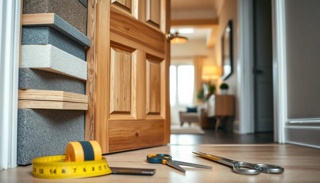 A close-up view of a wooden front door being soundproofed, showcasing several layers of acoustic insulation materials like foam panels and soundproofing strips. In the foreground, tools like a measuring tape, adhesive, and scissors are neatly arranged, suggesting a DIY project. The middle ground features the door partially open, revealing the interior space with subtle hints of decorative elements, like a plant and a small rug, creating a cozy atmosphere. The background is softly blurred, hinting at a residential hallway with warm lighting, emphasizing a serene and inviting mood. The image should be bright, focusing on the textures of the door and materials, captured with a slight depth of field to highlight the soundproofing process while maintaining a professional and clean aesthetic. A close-up view of a wooden front door being soundproofed, showcasing several layers of acoustic insulation materials like foam panels and soundproofing strips. In the foreground, tools like a measuring tape, adhesive, and scissors are neatly arranged, suggesting a DIY project. The middle ground features the door partially open, revealing the interior space with subtle hints of decorative elements, like a plant and a small rug, creating a cozy atmosphere. The background is softly blurred, hinting at a residential hallway with warm lighting, emphasizing a serene and inviting mood. The image should be bright, focusing on the textures of the door and materials, captured with a slight depth of field to highlight the soundproofing process while maintaining a professional and clean aesthetic.