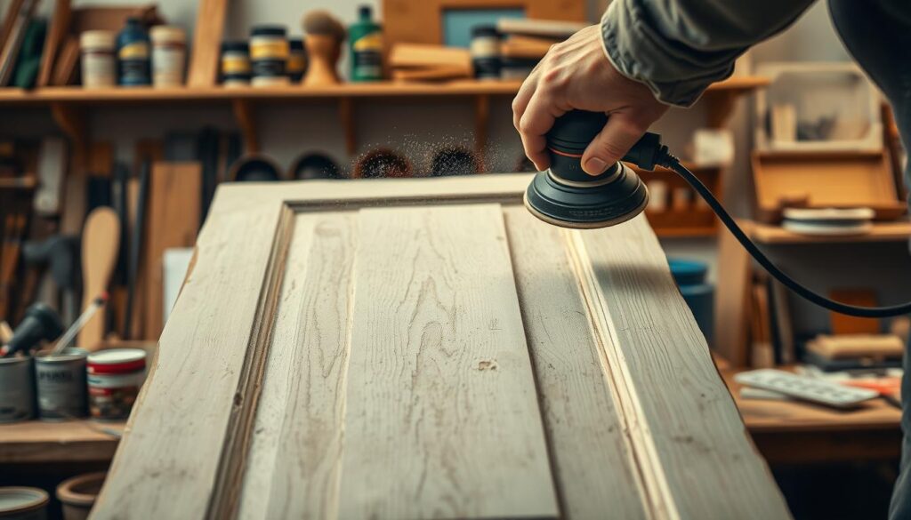 A close-up view of an old fiberboard door being restored, showcasing a craftsman in modest casual clothing focused on sanding its surface. In the foreground, a hand holds a power sander, creating dust particles illuminated by soft, warm workshop lighting. The middle ground features the door with peeling paint and textured patterns, revealing wood grain underneath, surrounded by restoration tools like brushes, paint cans, and a color palette. In the background, shelves filled with various tools and materials suggest a busy workshop atmosphere. The overall mood conveys creativity and craftsmanship, with a hint of nostalgia for the transformation of the door. The composition should be framed to emphasize the door and the restoration process, shot at a slight angle to provide depth and context.