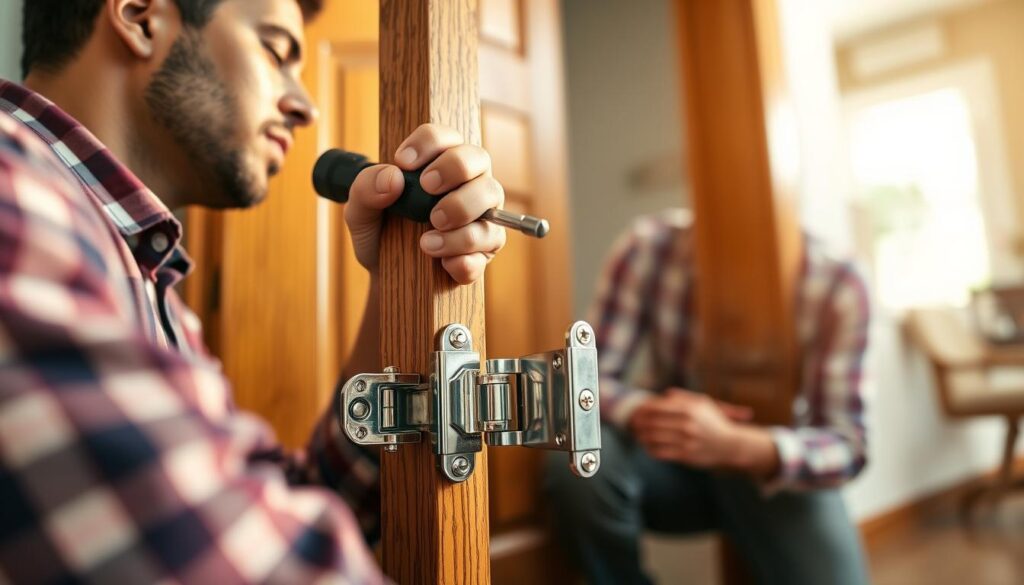 A close-up view of door hinges being adjusted, showcasing a master craftsman in a professional work shirt, kneeling in front of a wooden entrance door. The craftsman is using a screwdriver to tighten the hinges, with focused determination on their face. In the foreground, the shiny metal hinges and screwdriver glint under warm, natural light, highlighting the craftsmanship. In the middle ground, the beautifully grained wooden door contrasts with the metal elements, appearing both sturdy and elegant. The background features a softly blurred interior of a home, evoking a sense of warmth and comfort. The overall atmosphere is one of professionalism and expertise, emphasizing the precision required for adjusting door hinges effectively. A close-up view of door hinges being adjusted, showcasing a master craftsman in a professional work shirt, kneeling in front of a wooden entrance door. The craftsman is using a screwdriver to tighten the hinges, with focused determination on their face. In the foreground, the shiny metal hinges and screwdriver glint under warm, natural light, highlighting the craftsmanship. In the middle ground, the beautifully grained wooden door contrasts with the metal elements, appearing both sturdy and elegant. The background features a softly blurred interior of a home, evoking a sense of warmth and comfort. The overall atmosphere is one of professionalism and expertise, emphasizing the precision required for adjusting door hinges effectively.