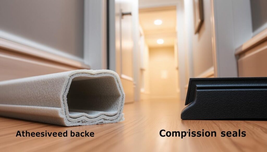 A close-up view of soundproofing seals, specifically designed for entrance doors in a residential block. The seals are made from high-density foam, showcasing their texture and structure, detailing how they fit snugly around a door frame. In the foreground, focus on the different types of seals—adhesive-backed and compression seals—illustrating their unique applications. The middle ground features a semi-open door with the seals in place, hinting at their role in reducing noise intrusion. In the background, a softly-lit and modern hallway is visible, promoting a serene and quiet atmosphere. The lighting is warm and inviting, emphasizing the effectiveness of the soundproofing materials and creating a calm mood, perfect for conveying the importance of sound insulation. No text or branding is included. A close-up view of soundproofing seals, specifically designed for entrance doors in a residential block. The seals are made from high-density foam, showcasing their texture and structure, detailing how they fit snugly around a door frame. In the foreground, focus on the different types of seals—adhesive-backed and compression seals—illustrating their unique applications. The middle ground features a semi-open door with the seals in place, hinting at their role in reducing noise intrusion. In the background, a softly-lit and modern hallway is visible, promoting a serene and quiet atmosphere. The lighting is warm and inviting, emphasizing the effectiveness of the soundproofing materials and creating a calm mood, perfect for conveying the importance of sound insulation. No text or branding is included.
