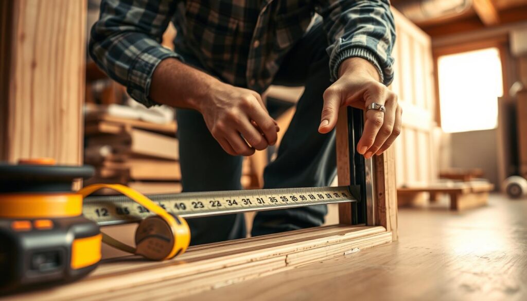A close-up view of the installation process of door seals, showcasing a skilled technician in modest casual clothing, focused on applying weather stripping around a wooden door frame. The foreground captures detailed tools like a measuring tape and adhesive, highlighting precise measurements and careful application. In the middle layer, the technician's hands expertly position the seals, emphasizing craftsmanship. The background features a well-lit workshop with a soft focus, displaying various types of insulation materials and a partially open door to convey the concept of heat retention. The lighting is warm and inviting, creating a professional and efficient atmosphere that suggests diligence and care in improving energy efficiency. A close-up view of the installation process of door seals, showcasing a skilled technician in modest casual clothing, focused on applying weather stripping around a wooden door frame. The foreground captures detailed tools like a measuring tape and adhesive, highlighting precise measurements and careful application. In the middle layer, the technician's hands expertly position the seals, emphasizing craftsmanship. The background features a well-lit workshop with a soft focus, displaying various types of insulation materials and a partially open door to convey the concept of heat retention. The lighting is warm and inviting, creating a professional and efficient atmosphere that suggests diligence and care in improving energy efficiency.