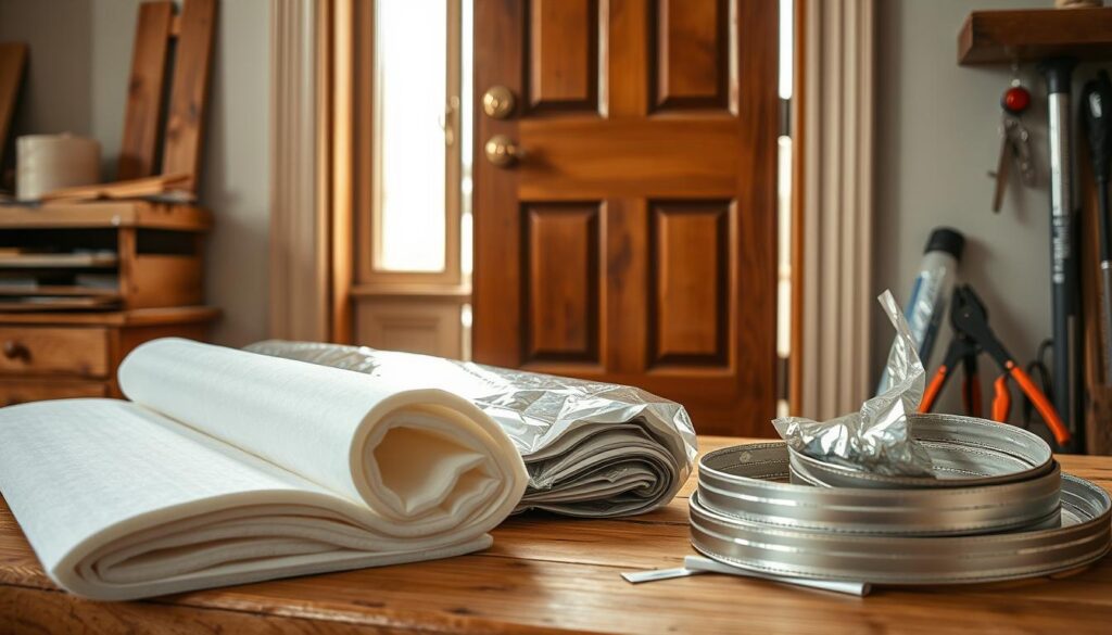A close-up view of various materials for insulating entrance doors, placed on a wooden workbench. In the foreground, showcase a roll of foam insulation, a stack of reflective foil, and some weather stripping. The middle layer features a partially open wooden door, demonstrating the materials applied on its edges. The background includes tools for installation, like a caulking gun and scissors, all illuminated by soft, natural daylight coming through a nearby window, casting gentle shadows. Create a warm and inviting atmosphere to emphasize home improvement and comfort in entryways. The scene should evoke a sense of craftsmanship and practical solutions for enhancing energy efficiency. A close-up view of various materials for insulating entrance doors, placed on a wooden workbench. In the foreground, showcase a roll of foam insulation, a stack of reflective foil, and some weather stripping. The middle layer features a partially open wooden door, demonstrating the materials applied on its edges. The background includes tools for installation, like a caulking gun and scissors, all illuminated by soft, natural daylight coming through a nearby window, casting gentle shadows. Create a warm and inviting atmosphere to emphasize home improvement and comfort in entryways. The scene should evoke a sense of craftsmanship and practical solutions for enhancing energy efficiency.