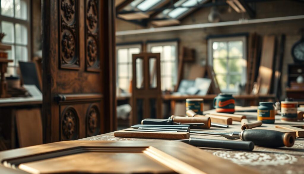 A close-up view of various techniques for finishing external doors, featuring a wooden door with intricate carvings in the foreground. The middle ground showcases tools used for door processing, like chisels, sanders, and paints, arranged neatly on a workshop table. In the background, a well-lit workshop setting with windows allowing natural light to pour in, casting soft shadows and highlighting the craftsmanship. The mood conveys professionalism and creativity, suggesting an artisanal approach to door finishing. A slightly blurred effect on the background emphasizes the focus on the techniques being showcased. The colors should be warm and inviting, predominantly browns and natural wood tones, evoking a sense of quality and durability in door design.