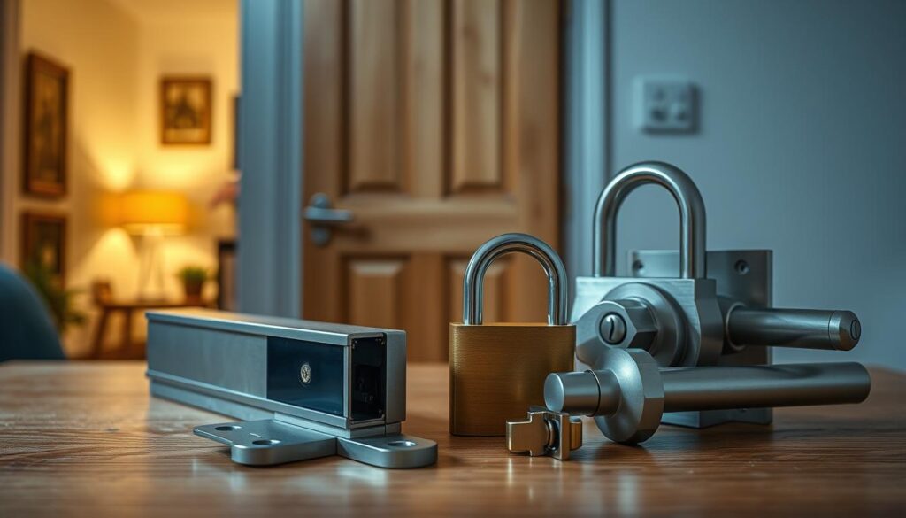 A collection of door security accessories displayed on a wooden table, including a sturdy door jam, a heavy-duty padlock, and a sliding bolt lock, with a backdrop of a closed wooden door. The foreground focuses on the accessories, showcasing their intricate details with a glossy finish. The middle section features a partially open door revealing a cozy home interior, while the background highlights a softly lit hallway creating a warm atmosphere. Soft, diffused lighting enhances the textures of the security items, suggesting reliability and strength. The overall mood is inviting yet secure, perfect for illustrating enhanced home safety. No people present.
