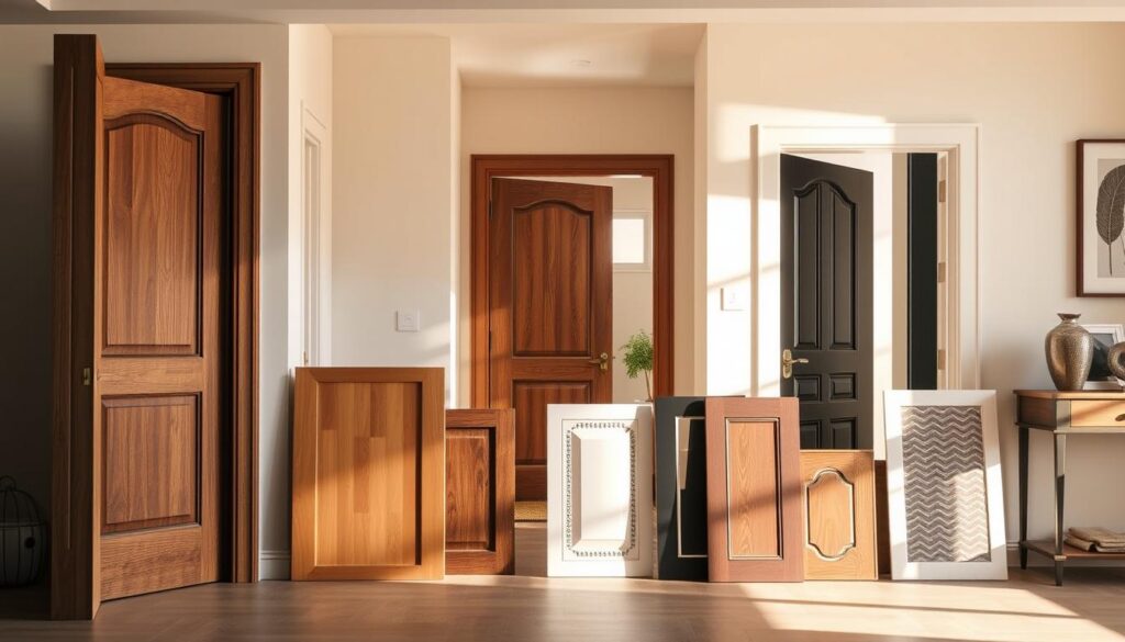 A contemporary interior scene showcasing various door panel alternatives without glass. In the foreground, display a selection of stylish door samples, including solid wood, modern composite, and decorative metal panels. In the middle ground, feature a well-lit entryway with natural light filtering through nearby windows, highlighting a cozy yet sophisticated atmosphere. The background includes soft, neutral-colored walls adorned with minimalistic art pieces, creating an inviting space. The lighting is warm and balanced, with a slight shadow play, adding depth. Use a slightly elevated camera angle to capture the essence of innovative design. The mood is tranquil and modern, emphasizing safety and aesthetic appeal without glass elements. A contemporary interior scene showcasing various door panel alternatives without glass. In the foreground, display a selection of stylish door samples, including solid wood, modern composite, and decorative metal panels. In the middle ground, feature a well-lit entryway with natural light filtering through nearby windows, highlighting a cozy yet sophisticated atmosphere. The background includes soft, neutral-colored walls adorned with minimalistic art pieces, creating an inviting space. The lighting is warm and balanced, with a slight shadow play, adding depth. Use a slightly elevated camera angle to capture the essence of innovative design. The mood is tranquil and modern, emphasizing safety and aesthetic appeal without glass elements.