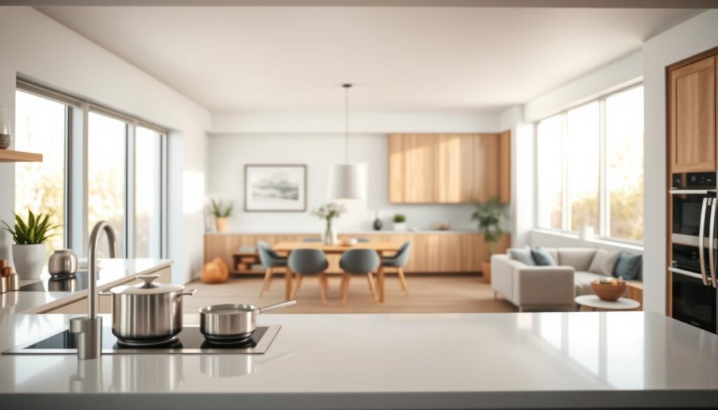 A contemporary kitchen design without doors, showcasing a seamless flow between the cooking area and the living space. In the foreground, a sleek countertop with modern appliances and stylish cookware emphasizes functionality. The middle features an open layout with elegant cabinetry and a dining table accented by minimalist decor. The background reveals large windows allowing natural light to pour in, illuminating the space with a warm, inviting glow. Use a soft focus lens to create a dreamy atmosphere, enhancing the blend of soft pastel colors with natural wood tones. The overall mood is fresh, modern, and airy, reflecting innovative design ideas for doorless kitchen solutions in contemporary interiors.