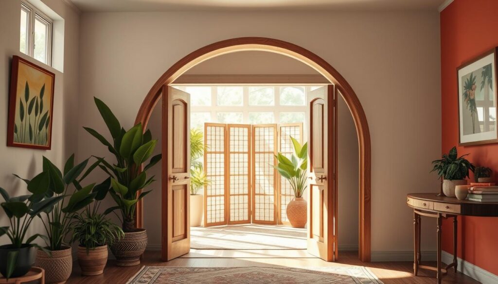 A cozy and inviting interior room showcasing innovative alternatives to traditional doors. In the foreground, display a stylish, arched wooden archway leading into a serene space without doors, adorned with lush indoor plants. In the middle ground, include a modern folding screen made of elegant natural fibers, providing a subtle sense of privacy. Vibrant wall colors and tasteful artwork reflect a harmonious atmosphere. The background features large windows allowing soft, natural light to flood the room, enhancing the openness and warmth. Use a soft-focus lens effect to create a dreamy quality, conveying tranquility and inspiration. The overall mood should feel welcoming and creative, highlighting functional yet stylish design choices for replacing conventional doors.