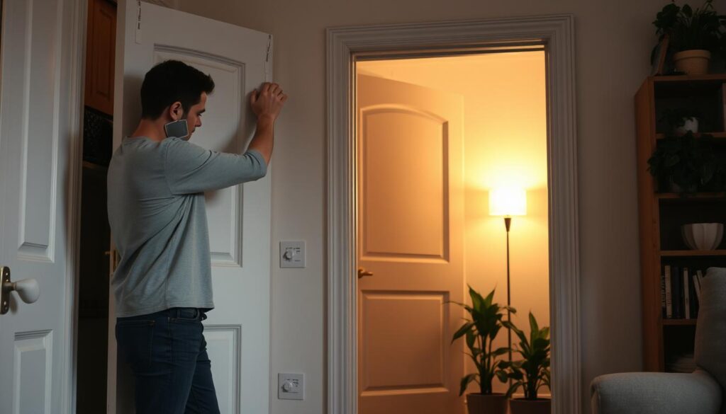 A cozy apartment door partially open, showcasing a well-lit room filled with soundproofing materials like foam panels, weather stripping, and heavy curtains. In the foreground, a person in modest casual attire is applying adhesive soundproofing strips to the door frame, demonstrating the DIY approach. The middle ground features the closed door, adorned with ear cushions and a decorative panel, signifying insulation. In the background, soft ambient lighting casts a warm glow, enhancing a sense of tranquility and comfort. The scene evokes a feeling of quietude, emphasizing the transformation of a regular door into an effective sound barrier. The surrounding decor includes potted plants and bookshelves, enriching the inviting atmosphere of the apartment.
