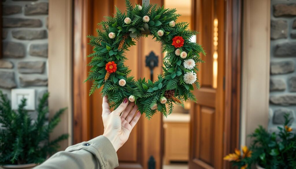 A cozy home entrance featuring a beautifully handcrafted wreath being hung on a wooden door. In the foreground, a pair of hands, dressed in modest casual attire, gracefully holds the wreath, showcasing vibrant greenery and colorful flowers. The middle ground captures the door’s rustic texture, with a natural wood finish and an inviting doorknob. In the background, a soft, warm light filters through the entrance, creating a welcoming atmosphere, enhanced by potted plants and seasonal decor flanking the door. The scene is photographed at a slight angle to emphasize the wreath’s details and the act of hanging it, with a blurred depth of field to evoke a sense of intimacy and warmth.