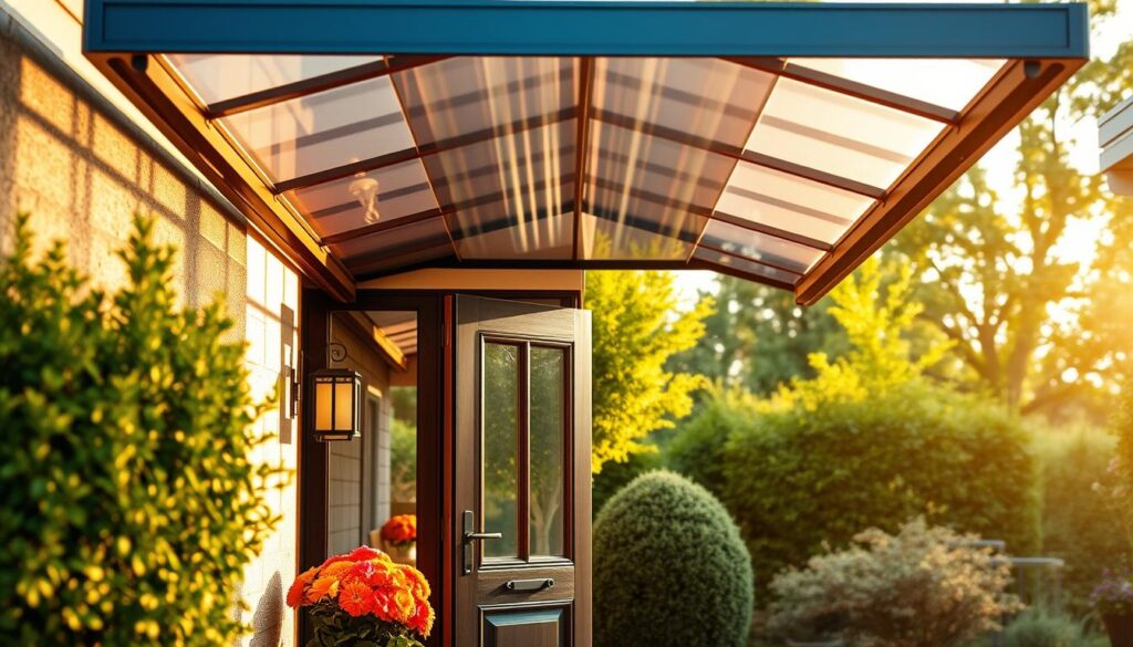 A cozy, inviting entrance to a home featuring a stylish awning above the front door. The foreground showcases a beautifully designed door with a decorative handle, leading up to the elegant roof structure that provides shelter from the rain. In the middle, the awning is made of transparent polycarbonate, allowing soft sunlight to filter through and create a warm atmosphere. Flowers in vibrant colors are positioned beside the door, enhancing the welcoming appearance. The background includes a lush green garden, with trees and shrubs that further add to the charm. The scene is captured at golden hour, with soft, diffused lighting that highlights the textures of the materials. This serene environment illustrates the practical benefits of installing an awning.