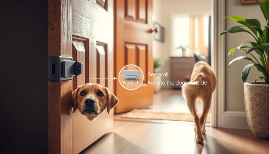 A cozy, well-lit entryway featuring a sturdy wooden door with a security lock, demonstrating how to secure it against a playful dog. In the foreground, a mischievous medium-sized dog is gently pushing against the door with its nose. In the middle, a small, easy-to-install door latch is prominently displayed, indicating its purpose of keeping the pet inside. The background showcases a tidy home interior, with plants and a mat that suggests a welcoming atmosphere. The scene is illuminated with soft, natural light coming from a nearby window, creating a warm, inviting mood. The angle captures the dog's playful expression, emphasizing a sense of security and peace of mind for pet owners.