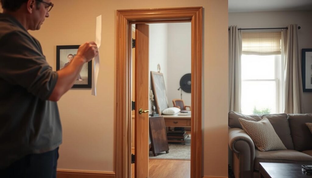A cozy, well-lit interior scene focusing on a living room doorway with soundproofing materials applied. In the foreground, a person is applying a weather strip to the edges of a wooden door, wearing casual, modest clothing. The middle features the door itself, which is slightly ajar, revealing some acoustic panels and foam positioned around the frame. In the background, a comfortable sofa and decorative items add warmth to the space. Soft, natural light filters in through a nearby window, creating a serene and focused atmosphere. The overall mood is inviting and peaceful, emphasizing a DIY approach to soundproofing.