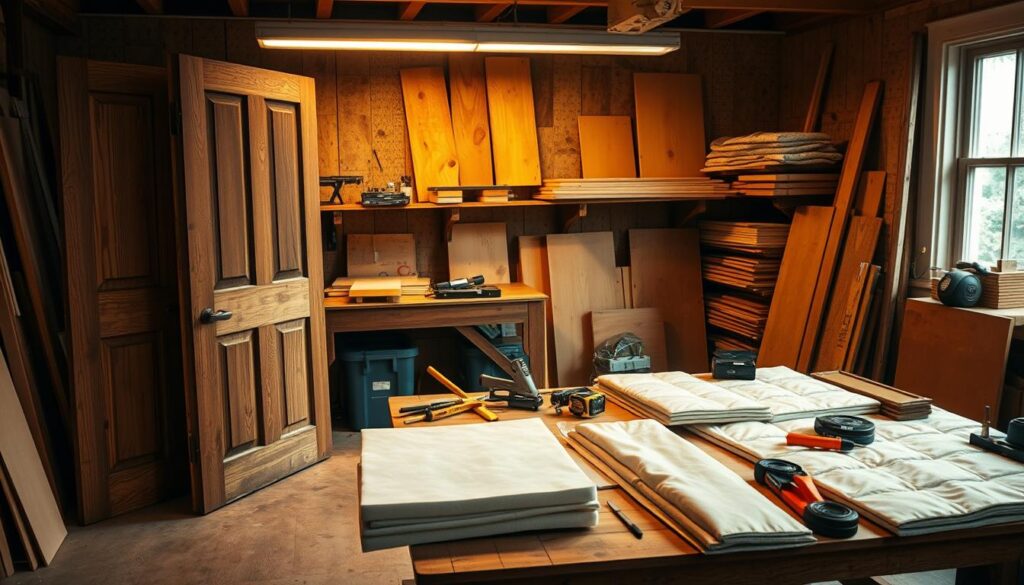 A cozy workshop setting displaying various techniques for soundproofing wooden doors. In the foreground, an open wooden door is partially disassembled, revealing insulation materials such as foam panels and soundproofing fabric neatly laid out beside it. In the middle, a workbench is cluttered with tools like a caulking gun, measuring tape, and a staple gun, all under warm overhead lighting. The background features shelves stacked with additional soundproofing materials and wooden boards, exuding a professional yet welcoming atmosphere. The soft glow of natural light streams through a nearby window, enhancing the mood of creativity and craftsmanship, while emphasizing the details of the soundproofing techniques being applied. A cozy workshop setting displaying various techniques for soundproofing wooden doors. In the foreground, an open wooden door is partially disassembled, revealing insulation materials such as foam panels and soundproofing fabric neatly laid out beside it. In the middle, a workbench is cluttered with tools like a caulking gun, measuring tape, and a staple gun, all under warm overhead lighting. The background features shelves stacked with additional soundproofing materials and wooden boards, exuding a professional yet welcoming atmosphere. The soft glow of natural light streams through a nearby window, enhancing the mood of creativity and craftsmanship, while emphasizing the details of the soundproofing techniques being applied.