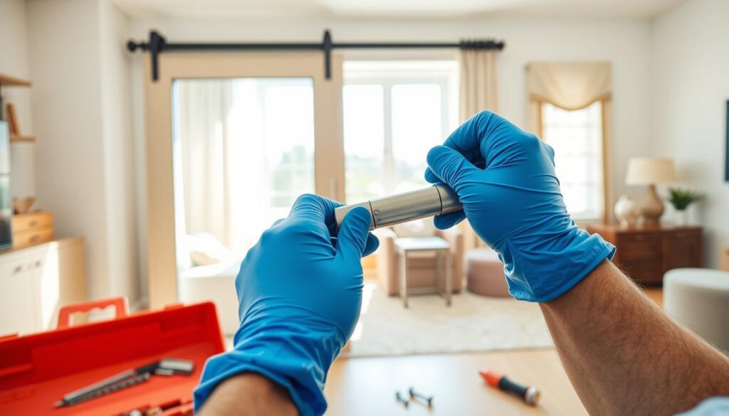 A detailed and clear image depicting the installation process of a self-closing mechanism on sliding doors. In the foreground, there is a pair of hands wearing blue work gloves, carefully aligning a self-closing device with a sliding door track. The middle layer features the sliding door itself, partially open, showing the mechanism being attached. Surrounding elements include a toolbox with tools such as a screwdriver and screws scattered around, emphasizing a home improvement setting. The background consists of a well-lit, modern living room with tasteful decor, creating a practical but inviting atmosphere. The lighting is bright and natural, with sunlight streaming through a nearby window, highlighting the installation process. The scene conveys a sense of focus and professionalism, ideal for a DIY guide. A detailed and clear image depicting the installation process of a self-closing mechanism on sliding doors. In the foreground, there is a pair of hands wearing blue work gloves, carefully aligning a self-closing device with a sliding door track. The middle layer features the sliding door itself, partially open, showing the mechanism being attached. Surrounding elements include a toolbox with tools such as a screwdriver and screws scattered around, emphasizing a home improvement setting. The background consists of a well-lit, modern living room with tasteful decor, creating a practical but inviting atmosphere. The lighting is bright and natural, with sunlight streaming through a nearby window, highlighting the installation process. The scene conveys a sense of focus and professionalism, ideal for a DIY guide.