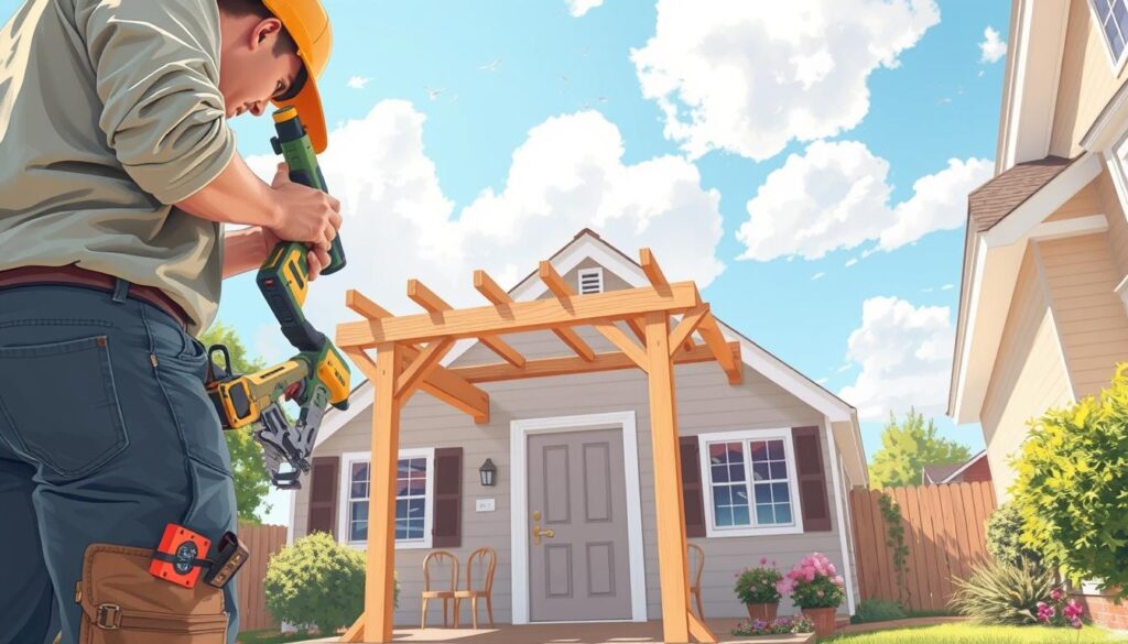 A detailed and informative illustration of a person constructing a roof canopy above a front door, set in a residential neighborhood. In the foreground, a skilled individual is using tools like a saw, drill, and level, wearing casual work attire. In the middle ground, a partially assembled wooden structure for the canopy is visible, showcasing beams and brackets poised for attachment. The background features a quaint house with a welcoming front door, surrounded by a well-kept garden and a blue sky with fluffy clouds above. Soft, natural sunlight bathes the scene, creating a friendly and productive atmosphere. The perspective should be slightly angled to capture the action of construction, emphasizing both the craftsmanship and the charm of the home.