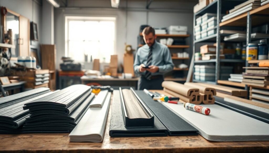 A detailed and organized workshop scene focused on the selection of sealing materials for door thresholds. In the foreground, display a variety of sealing materials, including rubber strips, foam insulation, and silicone caulk, neatly arranged on a workbench. In the middle ground, show a professional in business attire, examining the materials with tools scattered around, like a measuring tape and a utility knife. In the background, depict shelves filled with additional sealing products and work-related equipment, with soft, natural lighting illuminating the workspace from a window. The atmosphere should feel technical yet inviting, emphasizing the importance of choosing the right sealing materials for door thresholds. A detailed and organized workshop scene focused on the selection of sealing materials for door thresholds. In the foreground, display a variety of sealing materials, including rubber strips, foam insulation, and silicone caulk, neatly arranged on a workbench. In the middle ground, show a professional in business attire, examining the materials with tools scattered around, like a measuring tape and a utility knife. In the background, depict shelves filled with additional sealing products and work-related equipment, with soft, natural lighting illuminating the workspace from a window. The atmosphere should feel technical yet inviting, emphasizing the importance of choosing the right sealing materials for door thresholds.