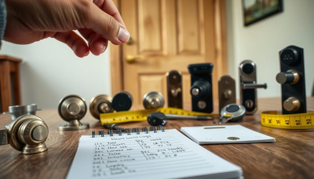 A detailed close-up of a hand choosing the right door lock from various options displayed on a wooden table. In the foreground, focus on different types of door locks, showcasing designs like deadbolts, smart locks, and traditional locks, all neatly arranged. The middle ground shows a measuring tape and a notepad with dimensions and notes regarding lock specifications. In the background, a softly blurred image of a well-lit door, demonstrating the context in which these locks will be used. Soft, natural lighting enhances the textures of the locks and wood. The overall atmosphere is practical and informative, ideal for a DIY/home improvement theme, capturing the essence of selecting the perfect door lock.