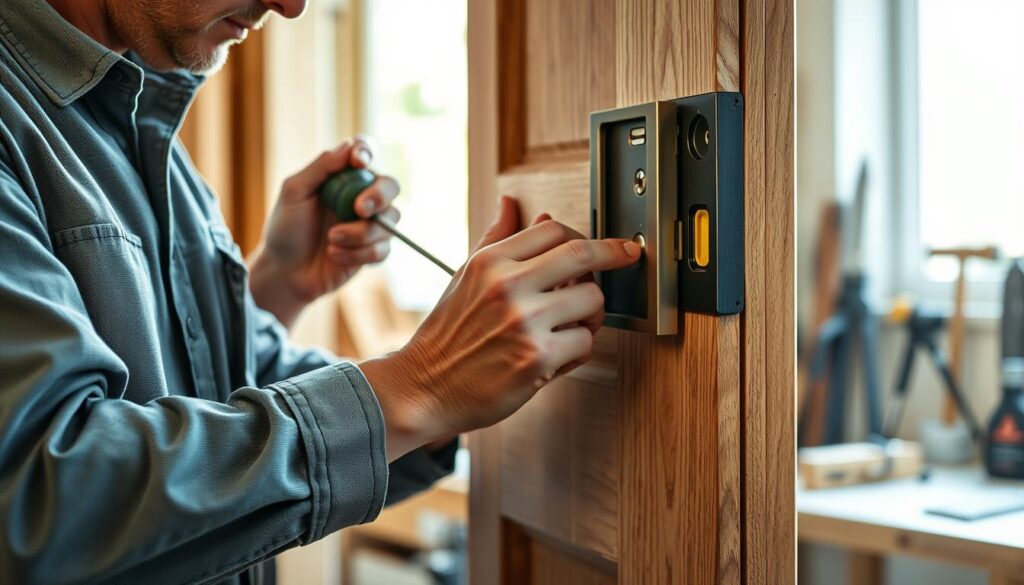 A detailed close-up of a skilled carpenter carefully adjusting an exterior door using a screwdriver and a level tool. The carpenter, dressed in modest casual clothing, focuses on the intricate components of the door's hinge and latch system. The foreground showcases the door with visible, well-defined textures of wood, enhancing realism. In the middle, the carpenter’s hands delicately manipulate the adjustment screws, emphasizing precision in the task. The background features a softly blurred view of a well-lit workshop, with tools and equipment neatly organized, creating an atmosphere of professionalism and craftsmanship. Gentle, natural lighting flows in from a window, casting warm highlights. The overall mood conveys focus, expertise, and the satisfaction of maintaining home comfort and security.