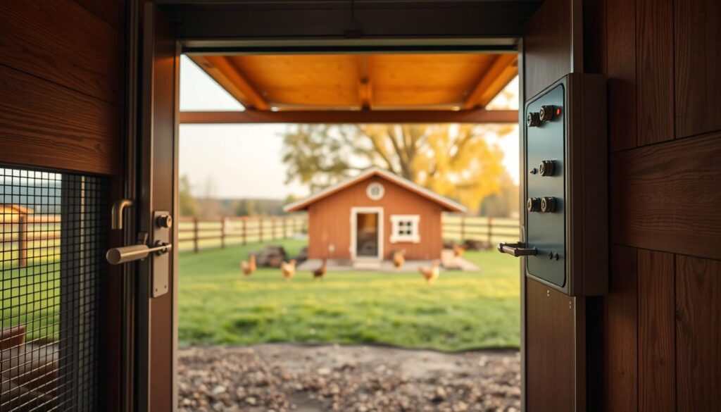A detailed close-up view of an automatic door system designed for a chicken coop, focusing on safety features and modifications. In the foreground, showcase a robust automatic door with reinforced locking mechanisms and safety sensors. The middle ground includes an elegantly designed control panel with clear indicator lights. In the background, depict a tranquil farm setting with a well-maintained chicken coop surrounded by a green yard, indicating a safe environment. Use warm, natural lighting to create a welcoming atmosphere, emphasizing the importance of security. Capture the perspective from a low angle, highlighting the technology in use while maintaining a professional and peaceful mood. Avoid any humans or distracting elements that could take away from the focus on safety features.