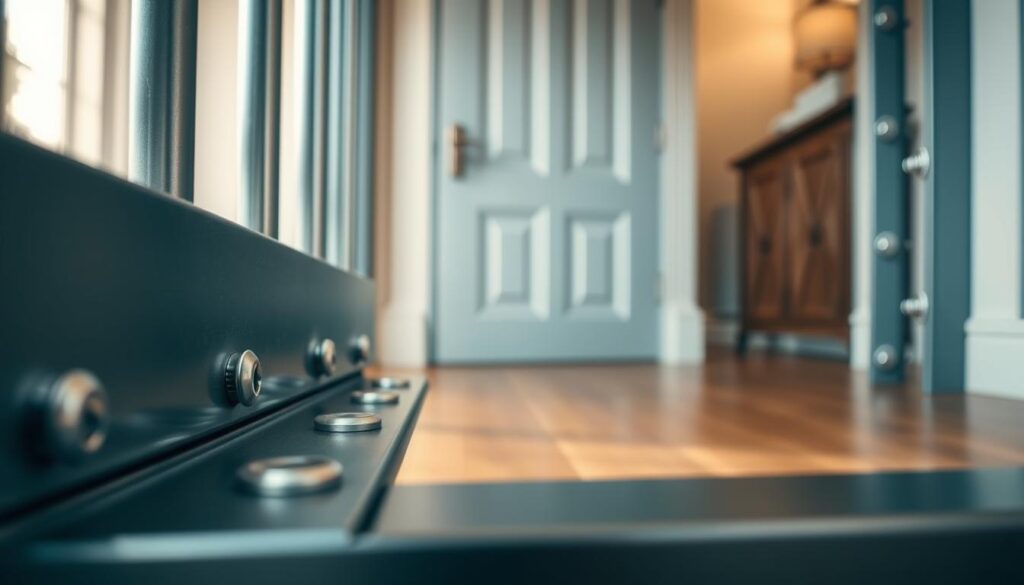 A detailed, close-up view of robust steel protective panels designed for securing doors against pets, showcasing their smooth surface and metallic sheen. In the foreground, emphasize the sturdy construction with visible screws and wall fittings. The middle ground features an elegantly installed door with the protective panels securely mounted, illustrating functionality. The background is softly blurred, hinting at a home environment with subtle hints of warmth, like wooden flooring or soft wall colors, enhancing the atmosphere of safety and security. Use soft, natural lighting to bring out the textures of the steel and create a sense of calm and protection. The angle should be slightly elevated to provide a dynamic perspective of the panels and the door.