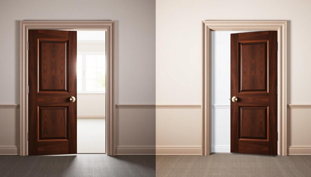 A detailed comparison image showcasing the differences between right-hand and left-hand doors. In the foreground, feature two doors side by side: one right-hand door opening towards the right and the left-hand door opening towards the left. Each door should have realistic textures and colors, highlighting details like doorknobs and hinges. In the middle ground, include subtle arrows indicating the direction each door opens, enhancing clarity. The background should feature a neutral indoor space such as a hallway or room, softly lit with natural light coming from a window. Use a slightly elevated angle to capture both doors fully, creating a clear visual distinction while maintaining a professional and informative atmosphere.