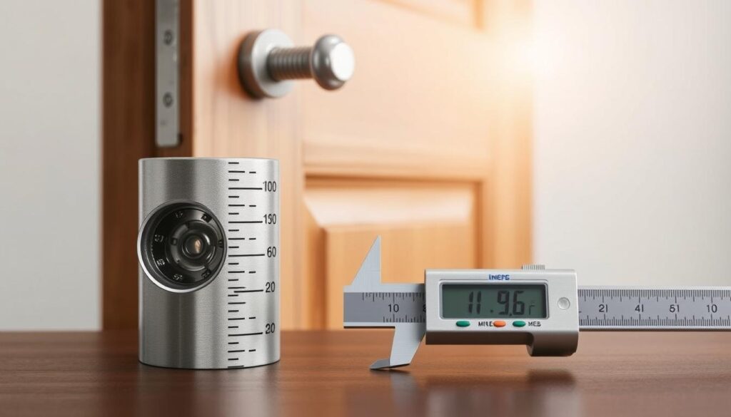 A detailed illustration of a door lock cylinder insert, showcasing its precise dimensions. In the foreground, a close-up view of the insert, displaying intricate features such as the keyway, pins, and measuring marks in millimeters. The middle layer features a modern measuring caliper beside the insert, providing a clear size reference. In the background, a wooden door partially opened to highlight where the insert fits, with natural light softly illuminating the scene. The overall atmosphere should convey precision and professionalism, making it evident that this is a technical measurement guide. The image should be shot from a slight angle to provide depth and a clean, crisp focus on the lock insert and measuring tools. A detailed illustration of a door lock cylinder insert, showcasing its precise dimensions. In the foreground, a close-up view of the insert, displaying intricate features such as the keyway, pins, and measuring marks in millimeters. The middle layer features a modern measuring caliper beside the insert, providing a clear size reference. In the background, a wooden door partially opened to highlight where the insert fits, with natural light softly illuminating the scene. The overall atmosphere should convey precision and professionalism, making it evident that this is a technical measurement guide. The image should be shot from a slight angle to provide depth and a clean, crisp focus on the lock insert and measuring tools.