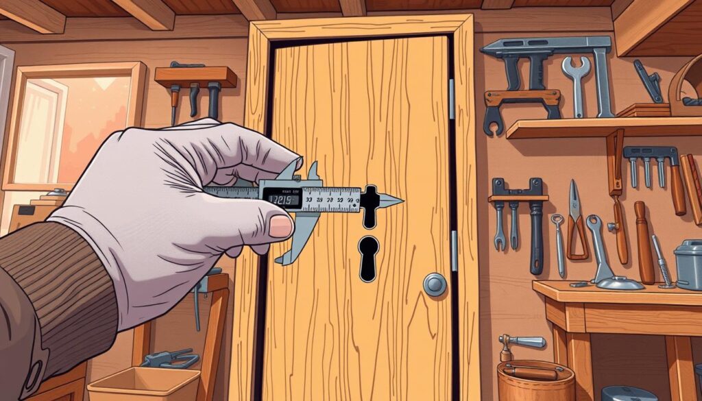 A detailed illustration of a person measuring a door lock cylinder with a caliper, set in a well-lit indoor environment. In the foreground, focus on a close-up of the caliper in the person's hands, showcasing precise measurements; the person's fingers are clad in a simple tool-handling glove, wearing modest, professional attire. In the middle ground, emphasize a wooden door with its lock and keyhole clearly visible, highlighting the intricate details of the lock mechanism. The background should have a cozy, softly lit workshop atmosphere with tools neatly arranged on shelves. The scene conveys a sense of craftsmanship and accuracy, with warm lighting enhancing the rich wood tones and tool textures. The angle should capture the action of measuring, creating an engaging and instructional visual. A detailed illustration of a person measuring a door lock cylinder with a caliper, set in a well-lit indoor environment. In the foreground, focus on a close-up of the caliper in the person's hands, showcasing precise measurements; the person's fingers are clad in a simple tool-handling glove, wearing modest, professional attire. In the middle ground, emphasize a wooden door with its lock and keyhole clearly visible, highlighting the intricate details of the lock mechanism. The background should have a cozy, softly lit workshop atmosphere with tools neatly arranged on shelves. The scene conveys a sense of craftsmanship and accuracy, with warm lighting enhancing the rich wood tones and tool textures. The angle should capture the action of measuring, creating an engaging and instructional visual.