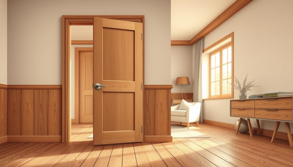 A detailed illustration of a traditional interior featuring a focus on a door known as a "drzwi przylgowe," showcasing its unique design elements. In the foreground, the door stands open, revealing its flush surface and sleek hinges, emphasizing the seamless integration into the wall. The middle ground includes a cozy room with warm wood paneling, soft ambient lighting coming from a nearby window, and a stylish rug underneath. The background features neutral-colored walls and subtle decorative elements that highlight the elegance of the door. The scene should evoke a sense of modern sophistication and simplicity, with natural light cascading through the window, enhancing the textures and tones of the wood. Compose it from an eye-level angle to create an inviting atmosphere.