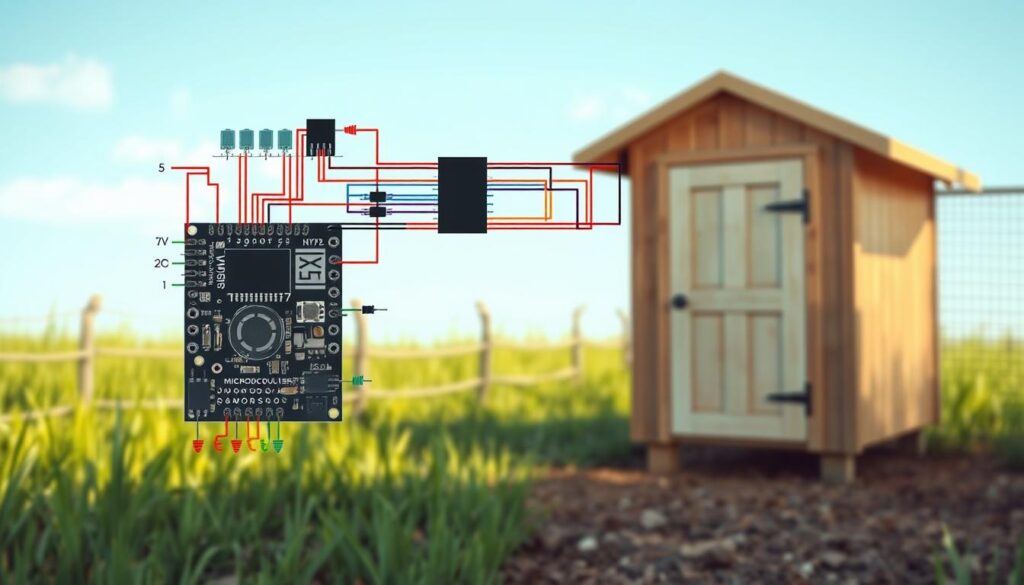 A detailed illustration of an electrical circuit designed specifically for automatic chicken coop doors. In the foreground, display a clearly labeled diagram of the circuit components, including a microcontroller, sensors, and motors, with color-coded wiring for clarity. In the middle ground, depict a partially open chicken coop door, integrating the electrical system visibly into the design. The background should feature a rustic coop setting, surrounded by green grass and a clear blue sky, creating a serene atmosphere. Soft, natural lighting should illuminate the scene, enhancing the technical details and giving it a practical yet inviting mood. The perspective should be angled slightly overhead to capture the layout of the circuit and door mechanism effectively.
