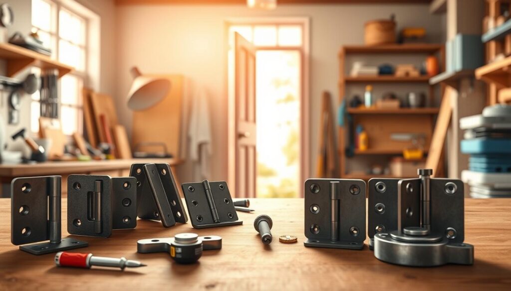 A detailed illustration of various types of door hinges, set in a well-lit workshop environment. In the foreground, showcase a variety of hinge types, including butt hinges, continuous hinges, and pivot hinges, arranged neatly on a wooden workbench. The middle ground features an assortment of tools such as screwdrivers, a measuring tape, and a small level, emphasizing the DIY aspect of adjusting door hinges. In the background, a soft focus reveals a partially open door hanging on its hinges, bathed in warm, natural light filtering through a window, enhancing the workshop's inviting atmosphere. The image should convey a sense of craftsmanship and focus, illustrating the practical application of hinges in home improvement. A detailed illustration of various types of door hinges, set in a well-lit workshop environment. In the foreground, showcase a variety of hinge types, including butt hinges, continuous hinges, and pivot hinges, arranged neatly on a wooden workbench. The middle ground features an assortment of tools such as screwdrivers, a measuring tape, and a small level, emphasizing the DIY aspect of adjusting door hinges. In the background, a soft focus reveals a partially open door hanging on its hinges, bathed in warm, natural light filtering through a window, enhancing the workshop's inviting atmosphere. The image should convey a sense of craftsmanship and focus, illustrating the practical application of hinges in home improvement.