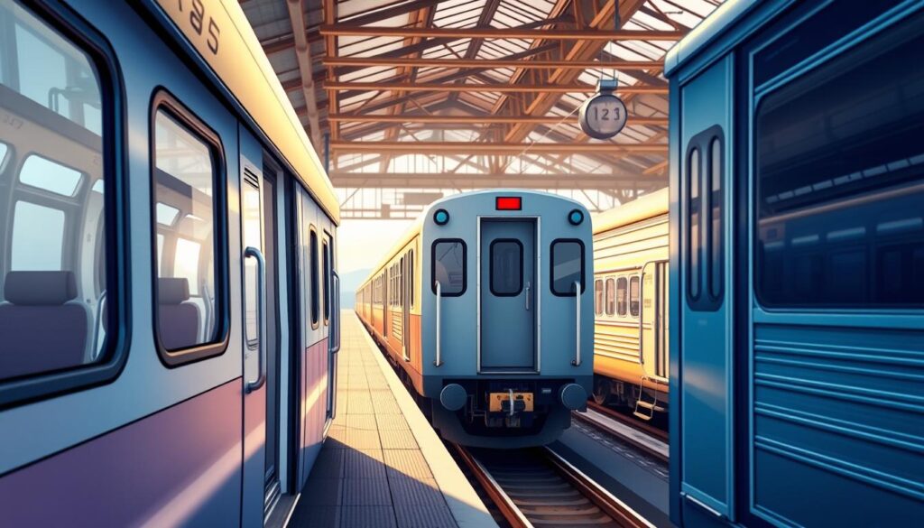 A detailed illustration showcasing various types of train cars, each with distinct mechanisms for opening doors. In the foreground, focus on a modern passenger car with large windows and transparent doors, partially open to reveal interior seats. In the middle ground, display a classic freight car, featuring heavy sliding doors, alongside a double-decker train with accessible steps. The background should include a railway platform with a blurred view of an elegant train station, under soft, natural lighting that suggests a late afternoon setting. Capture the scene from a slightly elevated angle to highlight the differences in door mechanisms and the diversity of train car designs. The overall mood is informative and engaging, emphasizing safety and efficient travel. A detailed illustration showcasing various types of train cars, each with distinct mechanisms for opening doors. In the foreground, focus on a modern passenger car with large windows and transparent doors, partially open to reveal interior seats. In the middle ground, display a classic freight car, featuring heavy sliding doors, alongside a double-decker train with accessible steps. The background should include a railway platform with a blurred view of an elegant train station, under soft, natural lighting that suggests a late afternoon setting. Capture the scene from a slightly elevated angle to highlight the differences in door mechanisms and the diversity of train car designs. The overall mood is informative and engaging, emphasizing safety and efficient travel.