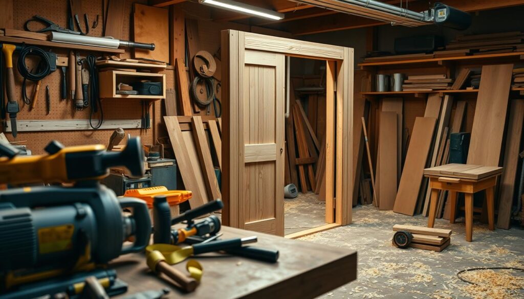 A detailed instructional image showing the step-by-step process of making wooden doors. In the foreground, display a workbench cluttered with essential tools such as a saw, hammer, and measuring tape. The middle area should depict a partially completed door frame, showcasing the assembly process, with wooden planks visibly linked together. Surroundings should feature a well-lit workshop with wood shavings scattered on the floor. The atmosphere should be inviting and focused, with warm lighting highlighting the craftsmanship. Capture a side angle of the scene, emphasizing the textures of the wood and tools. Ensure the image is clear and informative, tailored for a DIY project. There are no people in the image.