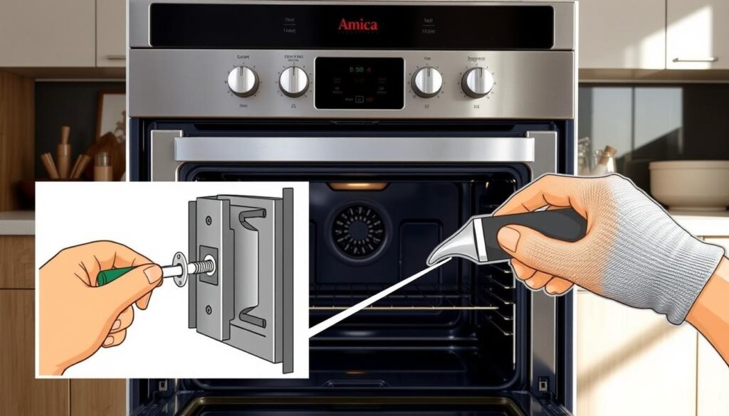A detailed instructional scene depicting the process of removing the oven door from an Amica oven. In the foreground, illustrate a close-up of the oven door hinges and mechanisms, showcasing the tools required, such as a screwdriver and safety gloves. The middle ground features an Amica oven in a modern kitchen setting, emphasizing its sleek design and stainless steel finish. The background includes kitchen elements like a countertop and subtle appliances, creating a warm, homey atmosphere. Soft, natural lighting highlights the intricate details of the oven, casting gentle shadows to enhance the three-dimensionality of the scene. The overall mood is practical and informative, ideal for a DIY guide. A detailed instructional scene depicting the process of removing the oven door from an Amica oven. In the foreground, illustrate a close-up of the oven door hinges and mechanisms, showcasing the tools required, such as a screwdriver and safety gloves. The middle ground features an Amica oven in a modern kitchen setting, emphasizing its sleek design and stainless steel finish. The background includes kitchen elements like a countertop and subtle appliances, creating a warm, homey atmosphere. Soft, natural lighting highlights the intricate details of the oven, casting gentle shadows to enhance the three-dimensionality of the scene. The overall mood is practical and informative, ideal for a DIY guide.