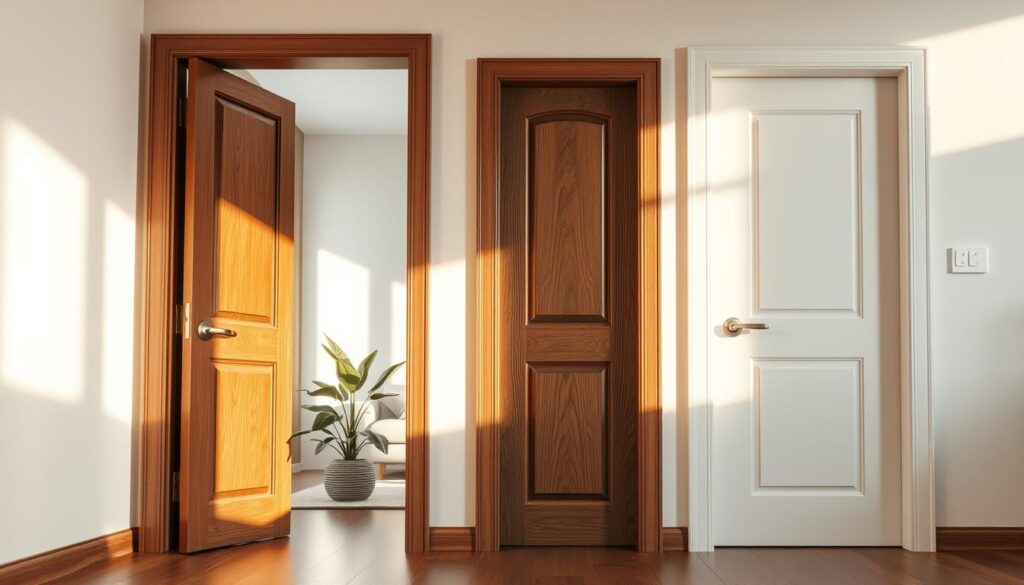 A detailed interior scene showcasing two types of interior doors: a left-opening door and a right-opening door. In the foreground, the left door is slightly ajar, its rich wood grain prominently displayed under warm, soft lighting. The right door stands closed, offering a contrasting matte finish. In the middle ground, a minimalist living space can be seen, with neutral-colored walls and a cozy, inviting atmosphere. Natural light filters in through a nearby window, creating subtle shadows that emphasize the doors' designs. A tasteful indoor plant is placed beside the doors, adding a touch of greenery. The camera angle is slightly tilted upwards to capture the height of the doors, enhancing their visual importance while maintaining a harmonious balance in the composition.