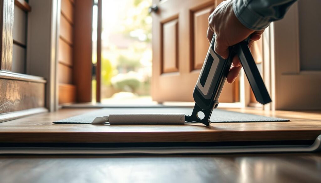 A detailed view of a home entrance showcasing the process of sealing the bottom of a door threshold. In the foreground, a focused image of hands applying weather stripping material to a wooden door threshold, using a caulking gun. The middle ground features the door itself, slightly ajar, revealing the interior of a warmly lit hallway. In the background, soft shadows cast by an outdoor light, hinting at a suburban exterior with greenery. The lighting is bright and natural, creating a welcoming atmosphere. The scene captures a sense of DIY home improvement, emphasizing practicality and attention to detail, ideal for showcasing effective sealing techniques for door thresholds. A detailed view of a home entrance showcasing the process of sealing the bottom of a door threshold. In the foreground, a focused image of hands applying weather stripping material to a wooden door threshold, using a caulking gun. The middle ground features the door itself, slightly ajar, revealing the interior of a warmly lit hallway. In the background, soft shadows cast by an outdoor light, hinting at a suburban exterior with greenery. The lighting is bright and natural, creating a welcoming atmosphere. The scene captures a sense of DIY home improvement, emphasizing practicality and attention to detail, ideal for showcasing effective sealing techniques for door thresholds.
