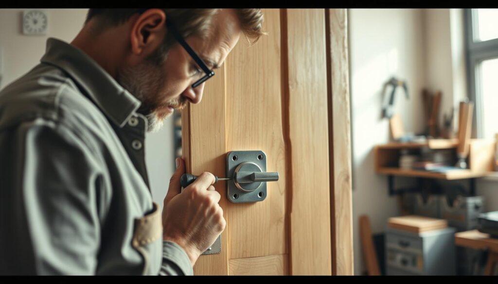 A detailed view of a skilled craftsman replacing a door lock. In the foreground, the craftsman, dressed in modest casual clothing, is focused on the intricacies of the lock, using a screwdriver and a set of tools. The middle layer shows a close-up of the door, where the old lock is being removed, revealing the mechanisms inside. The background features a well-lit workshop with shelves filled with tools, emphasizing a professional atmosphere. Soft, natural light filters in from a nearby window, casting gentle shadows that create depth and emphasize the craftsmanship involved. The overall mood is one of diligence and empowerment, showcasing a DIY spirit in home improvement.