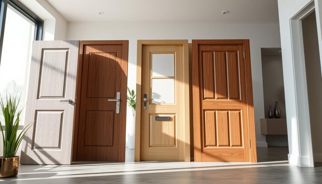 A detailed view of different types of flush doors displayed in a modern interior setting. In the foreground, showcase a variety of door designs, including solid wood, laminate, and glass-paneled finishes, each with distinct textures and colors. The middle ground features a well-lit hallway, accentuating the doors, with natural light streaming in from large windows, casting shadows and highlights that enhance the textures. In the background, include a subtle minimalist decor, such as potted plants or elegant wall art, that complements the doors without distraction. Capture the image with a slightly low angle to emphasize the height and elegance of the doors. Aim for a clean, professional atmosphere that showcases the beauty and functionality of flush doors.