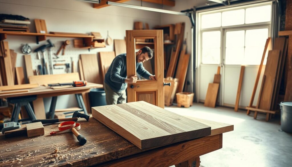 A detailed workshop scene showcasing a step-by-step process of making wooden doors from planks. In the foreground, a workbench cluttered with tools such as a saw, hammer, and measuring tape, with a half-constructed door frame made of oak planks resting on it. The middle layer features a craftsman in modest casual clothing, focused on measuring and cutting the wood, with shavings scattered around, emphasizing the hands-on process. The background reveals a bright garage filled with woodworking supplies and a large window allowing natural light to filter through, casting soft shadows. The mood is industrious and creative, illustrating a DIY spirit with warmth and enthusiasm, highlighting the craftsmanship involved in building doors from scratch.