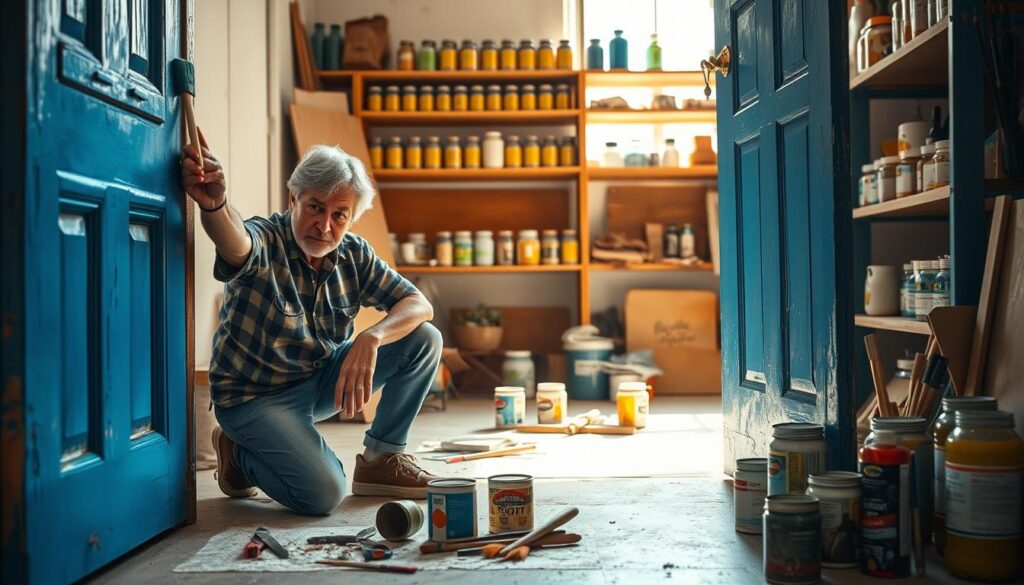 A focused scene showcasing a person painting an old wooden door, set in a bright, well-lit workshop. In the foreground, a middle-aged person in casual clothing is kneeling beside a partially painted door, brush in hand, applying a fresh coat of vibrant blue paint. Their concentration is evident as they work carefully. The middle of the image features various painting tools like brushes, paint cans, and sandpaper scattered around, indicating preparation and creativity. In the background, shelves are filled with jars of paint and tools, creating a cozy, artistic atmosphere. Soft natural light filters through a window, casting warm highlights that enhance the inviting mood of the workspace, emphasizing the theme of renewal and transformation. A focused scene showcasing a person painting an old wooden door, set in a bright, well-lit workshop. In the foreground, a middle-aged person in casual clothing is kneeling beside a partially painted door, brush in hand, applying a fresh coat of vibrant blue paint. Their concentration is evident as they work carefully. The middle of the image features various painting tools like brushes, paint cans, and sandpaper scattered around, indicating preparation and creativity. In the background, shelves are filled with jars of paint and tools, creating a cozy, artistic atmosphere. Soft natural light filters through a window, casting warm highlights that enhance the inviting mood of the workspace, emphasizing the theme of renewal and transformation.