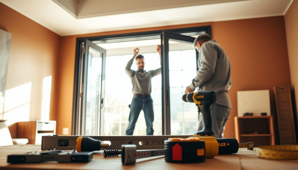A hands-on workshop scene featuring a professional contractor in modest casual clothing demonstrating the installation of folding doors. In the foreground, tools like a level, drill, and measuring tape are neatly arranged. The middle background shows the contractor carefully positioning the door frame in a well-lit, modern interior space with soft, natural light illuminating the room. The walls are painted in warm earth tones, and a large window lets in daylight, creating a welcoming atmosphere. Shadows are subtly cast for depth, and the angle focuses on both the contractor and the door frame. The mood is practical and instructional, emphasizing the clarity and ease of the folding door installation process. A hands-on workshop scene featuring a professional contractor in modest casual clothing demonstrating the installation of folding doors. In the foreground, tools like a level, drill, and measuring tape are neatly arranged. The middle background shows the contractor carefully positioning the door frame in a well-lit, modern interior space with soft, natural light illuminating the room. The walls are painted in warm earth tones, and a large window lets in daylight, creating a welcoming atmosphere. Shadows are subtly cast for depth, and the angle focuses on both the contractor and the door frame. The mood is practical and instructional, emphasizing the clarity and ease of the folding door installation process.