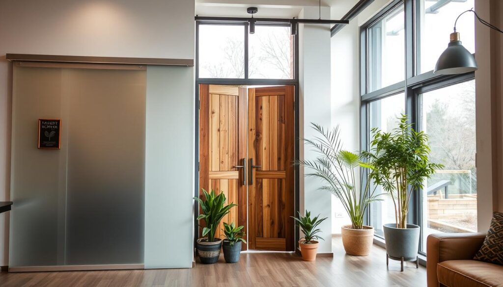 A modern and inviting interior space featuring innovative alternatives to traditional doors. In the foreground, showcase a sleek, open archway with a stylish sliding panel made of frosted glass. In the middle, incorporate a beautiful bi-fold door made of reclaimed wood, flanked by potted greenery that adds a fresh feel. The background includes large windows that flood the room with natural light, illuminating the warm tones of the furnishings. The atmosphere is calm and welcoming, encouraging creativity and functionality. Capture this scene with soft, diffused lighting to enhance the serene mood, shot from a slightly elevated angle using a wide-angle lens to emphasize the spaciousness.