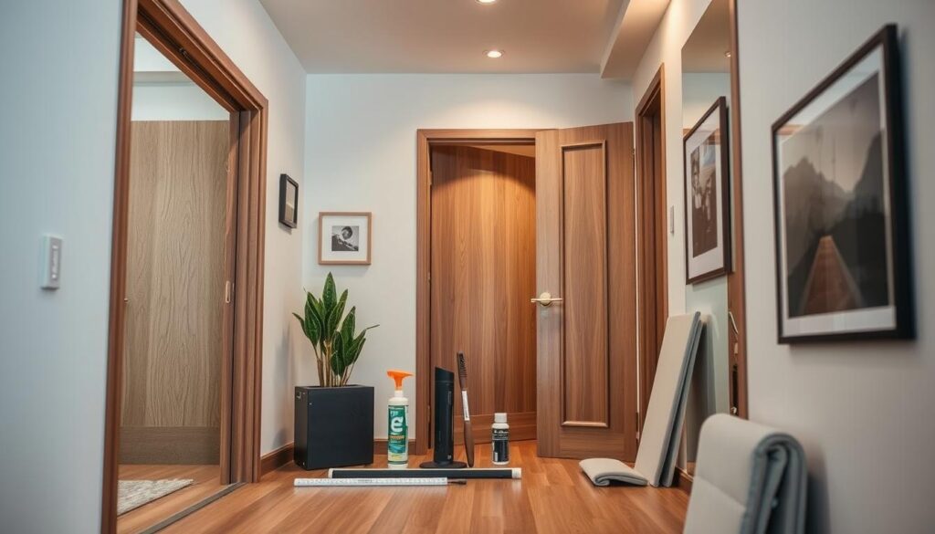 A modern apartment entrance showcasing soundproofing solutions. In the foreground, focus on a stylish wooden door with sleek weatherstripping and decorative soundproof panels. In the middle, display tools like acoustic sealant, door sweeps, and soundproofing materials thoughtfully arranged. The background features a softly lit hallway with neutral-toned walls, subtle indoor plants, and framed artwork, emphasizing a calm atmosphere. Use warm, inviting lighting from overhead fixtures to enhance the serene mood. The angle should be slightly to the side, capturing depth and inviting viewers into the space. Ensure the scene appears professional, with a sense of tranquility and functionality, illustrating the concept of soundproofing an apartment door effectively. A modern apartment entrance showcasing soundproofing solutions. In the foreground, focus on a stylish wooden door with sleek weatherstripping and decorative soundproof panels. In the middle, display tools like acoustic sealant, door sweeps, and soundproofing materials thoughtfully arranged. The background features a softly lit hallway with neutral-toned walls, subtle indoor plants, and framed artwork, emphasizing a calm atmosphere. Use warm, inviting lighting from overhead fixtures to enhance the serene mood. The angle should be slightly to the side, capturing depth and inviting viewers into the space. Ensure the scene appears professional, with a sense of tranquility and functionality, illustrating the concept of soundproofing an apartment door effectively.