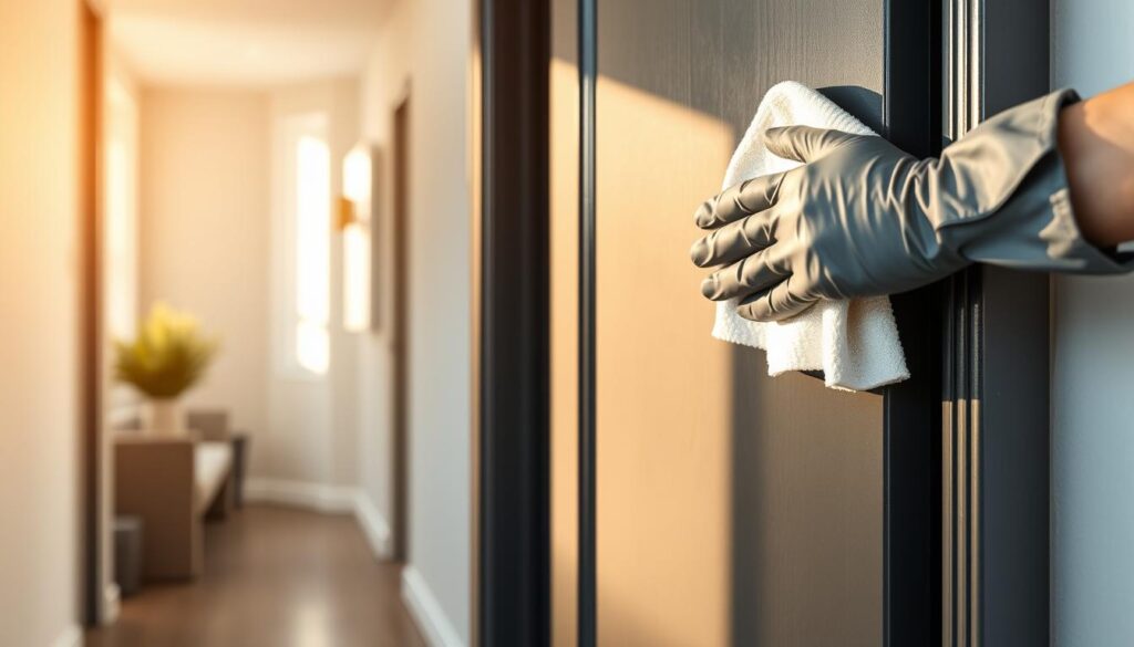 A modern, elegant anthracite door featuring a close-up of its smooth surface, showcasing how to properly clean it without causing damage. In the foreground, a pair of hands wearing rubber gloves carefully wipe down the door with a soft cloth, emphasizing the cleaning action. The middle ground highlights the door's sleek texture and color, while the background reveals a stylish, minimalistic hallway bathed in soft, warm lighting, enhancing the door's features. The scene conveys a sense of cleanliness and maintenance, with a focus on regular care for the door. The lighting is natural, mimicking late afternoon sunshine filtering through a nearby window, casting gentle shadows that accentuate the door's lines and contours.