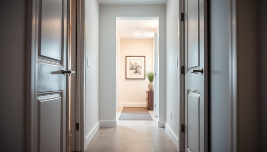 A modern entryway featuring a right-hand door and a left-hand door, showcasing ergonomics and comfort in daily use. In the foreground, two doors are open partially, emphasizing their accessibility, with sleek handles and smooth hinges. The middle section includes a well-lit hallway with neutral colors, highlighting the doors as functional and stylish elements. In the background, soft ambient lighting creates a warm and inviting atmosphere, with natural light streaming through a nearby window to enhance the welcoming feel. The perspective is slightly angled, captured from a low viewpoint to emphasize the height and design of the doors, contributing to a sense of ergonomics. No people present in the scene, focusing on the architectural elements. A modern entryway featuring a right-hand door and a left-hand door, showcasing ergonomics and comfort in daily use. In the foreground, two doors are open partially, emphasizing their accessibility, with sleek handles and smooth hinges. The middle section includes a well-lit hallway with neutral colors, highlighting the doors as functional and stylish elements. In the background, soft ambient lighting creates a warm and inviting atmosphere, with natural light streaming through a nearby window to enhance the welcoming feel. The perspective is slightly angled, captured from a low viewpoint to emphasize the height and design of the doors, contributing to a sense of ergonomics. No people present in the scene, focusing on the architectural elements.