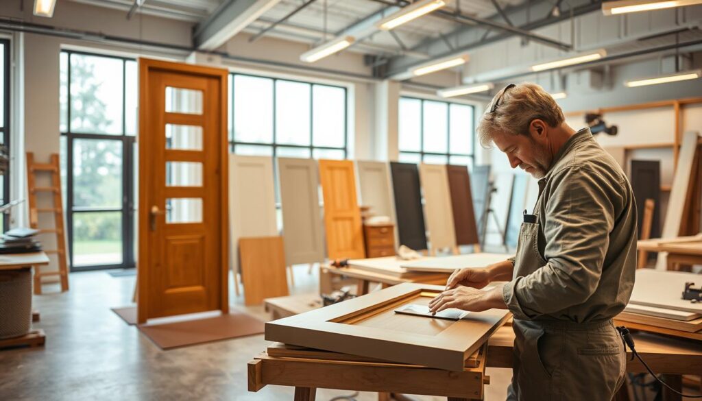 A modern exterior door workshop showcasing innovative treatment solutions, emphasizing durability and aesthetics. In the foreground, a professional carpenter works meticulously on a sleek, contemporary door design made from high-quality materials like fiberglass and metal, surrounded by tools and sample materials. The middle ground features various modern door prototypes with advanced coatings and finishes, reflecting design trends. In the background, a bright and airy workspace filled with natural light from large windows, highlighting the modern construction environment. The atmosphere is one of creativity and professionalism, capturing the essence of cutting-edge solutions in exterior door processing. The lighting is warm and inviting, enhancing the modern aesthetic.