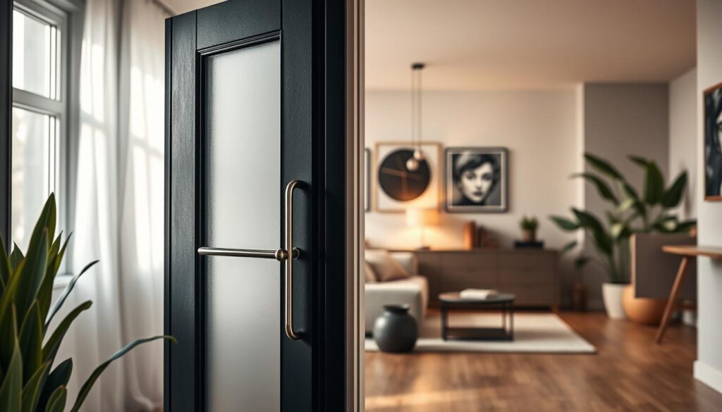 A modern home interior featuring an elegant transformation of an old door with a glass panel into a sleek, contemporary design. In the foreground, show the renovated door with a minimalist black frame and frosted glass, enhancing its stylish looks. In the middle ground, include a cozy living room space with neutral tones, stylish furniture, and soft lighting to create a warm atmosphere. The background showcases a welcoming ambiance with indoor plants and decorative elements that highlight the modern aesthetics. Use soft, natural lighting that bathes the scene, emphasizing the door's metallic handles and smooth textures. Aim for a harmonious blend of contemporary elegance and comfortable living, capturing the essence of a home renovation. A modern home interior featuring an elegant transformation of an old door with a glass panel into a sleek, contemporary design. In the foreground, show the renovated door with a minimalist black frame and frosted glass, enhancing its stylish looks. In the middle ground, include a cozy living room space with neutral tones, stylish furniture, and soft lighting to create a warm atmosphere. The background showcases a welcoming ambiance with indoor plants and decorative elements that highlight the modern aesthetics. Use soft, natural lighting that bathes the scene, emphasizing the door's metallic handles and smooth textures. Aim for a harmonious blend of contemporary elegance and comfortable living, capturing the essence of a home renovation.