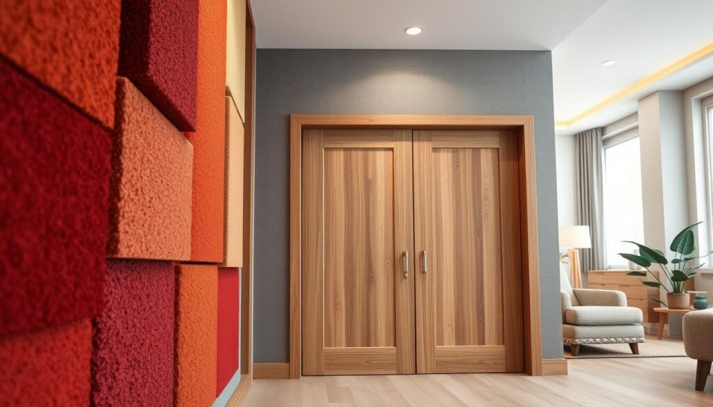 A modern interior featuring a partial wall partition for acoustic insulation, emphasizing a detailed acoustic panel installation. In the foreground, showcase high-quality acoustic foam or soundproofing materials on the wall, with rich textures and vibrant colors. The middle ground includes the wall partition, incorporating doors made of solid wood with sound-dampening seals. In the background, depict a well-lit room with soft, diffused lighting, highlighting the warmth and comfortableness of the space. Use a wide-angle lens to capture the entire setup, ensuring an inviting and peaceful atmosphere. The overall mood is serene and professional, ideal for discussing acoustic and thermal insulation in wall partitions. No people or text elements present. A modern interior featuring a partial wall partition for acoustic insulation, emphasizing a detailed acoustic panel installation. In the foreground, showcase high-quality acoustic foam or soundproofing materials on the wall, with rich textures and vibrant colors. The middle ground includes the wall partition, incorporating doors made of solid wood with sound-dampening seals. In the background, depict a well-lit room with soft, diffused lighting, highlighting the warmth and comfortableness of the space. Use a wide-angle lens to capture the entire setup, ensuring an inviting and peaceful atmosphere. The overall mood is serene and professional, ideal for discussing acoustic and thermal insulation in wall partitions. No people or text elements present.